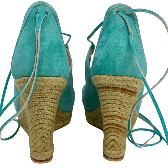 Trina Turk Sueded Leather Lace up Ankle Wrap Wedge Sandals - AQUAMARINE - Picture 4 of 13